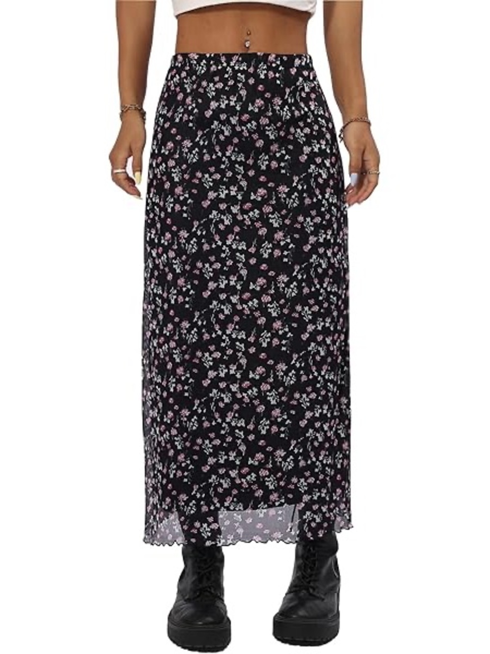 Vintage 90s/Y2K Style Floral Black Mesh Maxi Skirt with Lettuce Hem